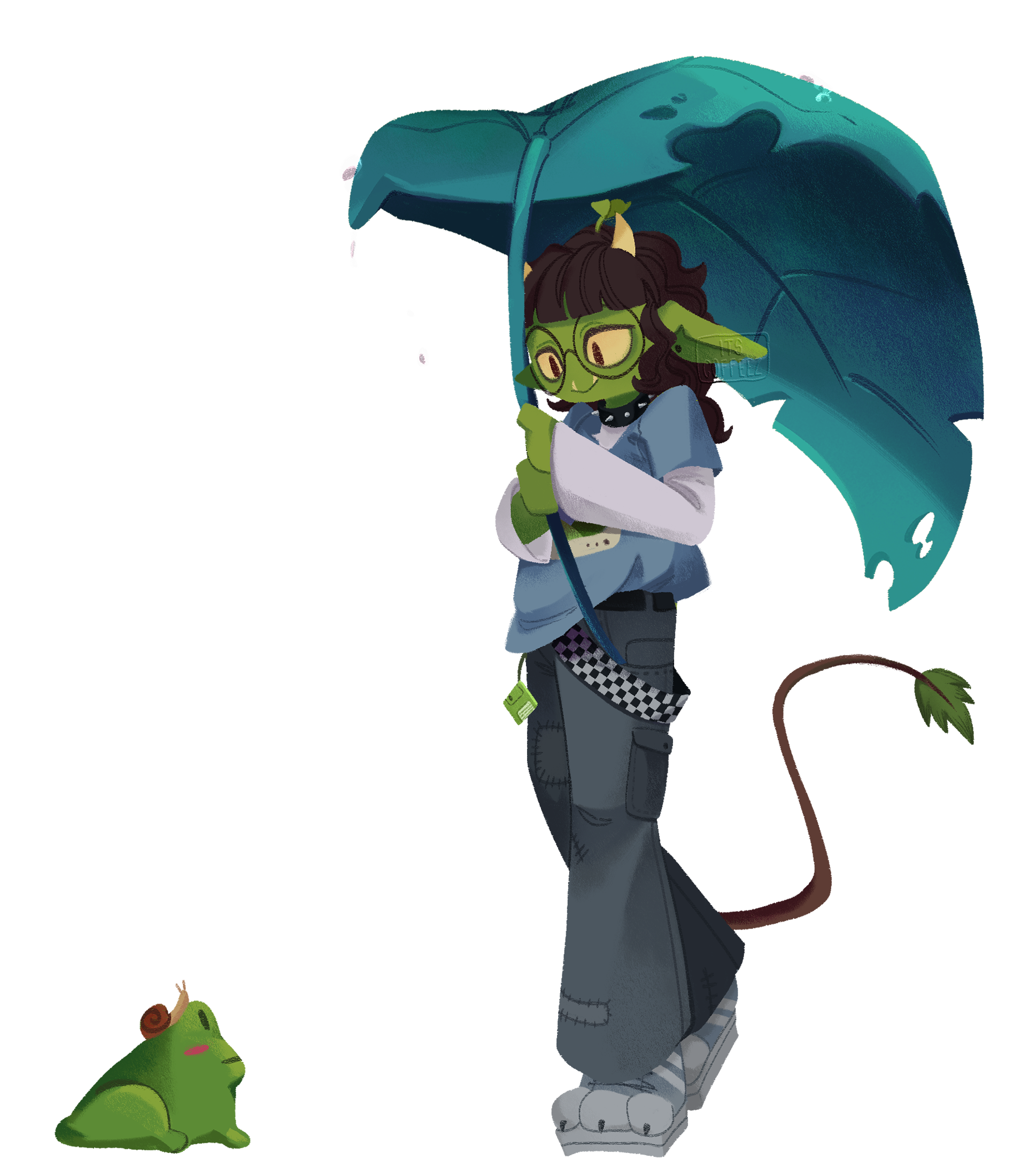 art of my goblinsona using a big leaf as a umbrella and looking at a cute frog